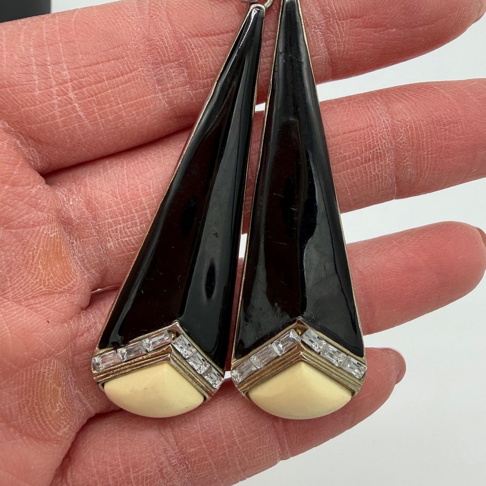 Vintage Black Enamel Drop Earrings Rhinestone Accent Cream Cabochon Dangle